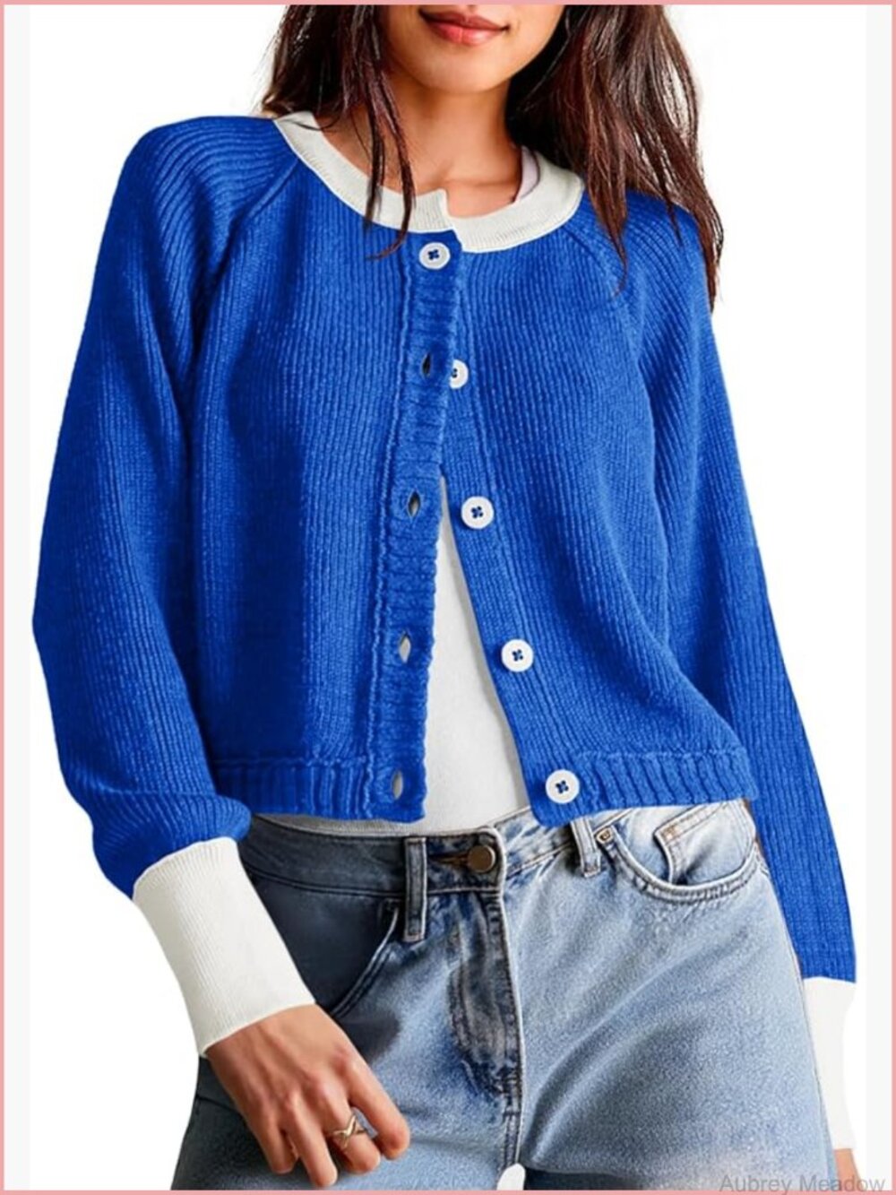 Cropped Button Down Cardigan Sweater Long Sleeve Open Front Color Block Knit